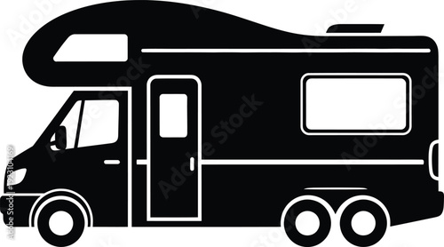 A sleek black silhouette of a recreational vehicle depicts a classic camper van highlighting mobility and adventure high quality professional detailed