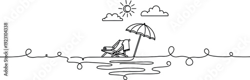 A continuous line drawing depicts a serene beach scene with a lounge chair umbrella sun and waves high quality professional detailed