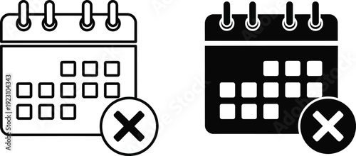 Two distinct black and white calendar icons are displayed one showing a blank grid and the other a filled grid with a marked x