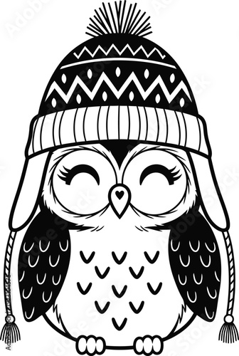 a charming black and white illustration depicts a cute owl wearing a cozy winter hat and earflaps high quality professional detailed