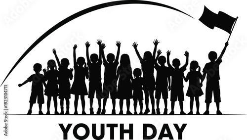 A joyful silhouette of a diverse group of young people celebrating youth day with raised arms and a waving flag