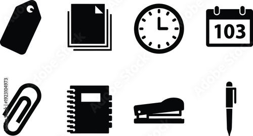 a collection of common office supplies and tools depicted in a flat black and white minimalistic style representing work essentials