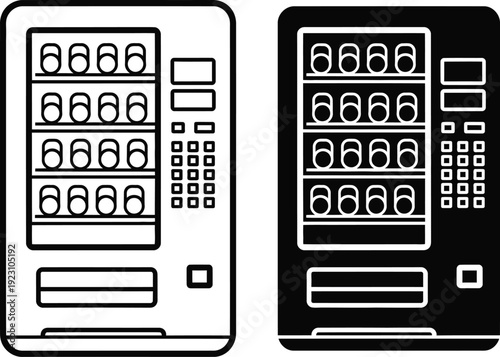 a minimalistic illustration showcases two identical atm machines depicted in black and white line art offering a simple banking interface