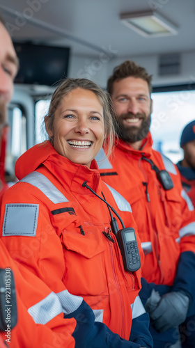 Smiling Paramedics Team Wearing Bright Orange High-Visibility Rescue Jackets With Radios And Safety Gear