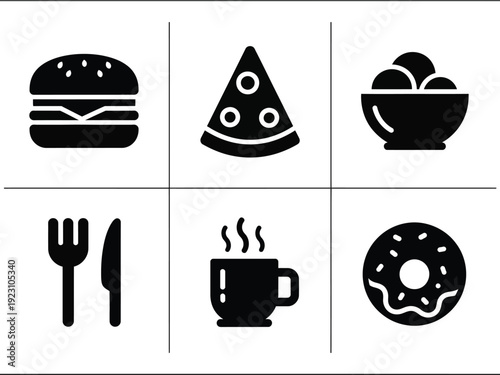 a visual arrangement of black silhouette icons depicting various food items cutlery and a hot beverage presented in a grid format