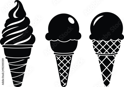 A simple black and white illustration depicts three different types of ice cream cones showcasing classic dessert options high quality professional