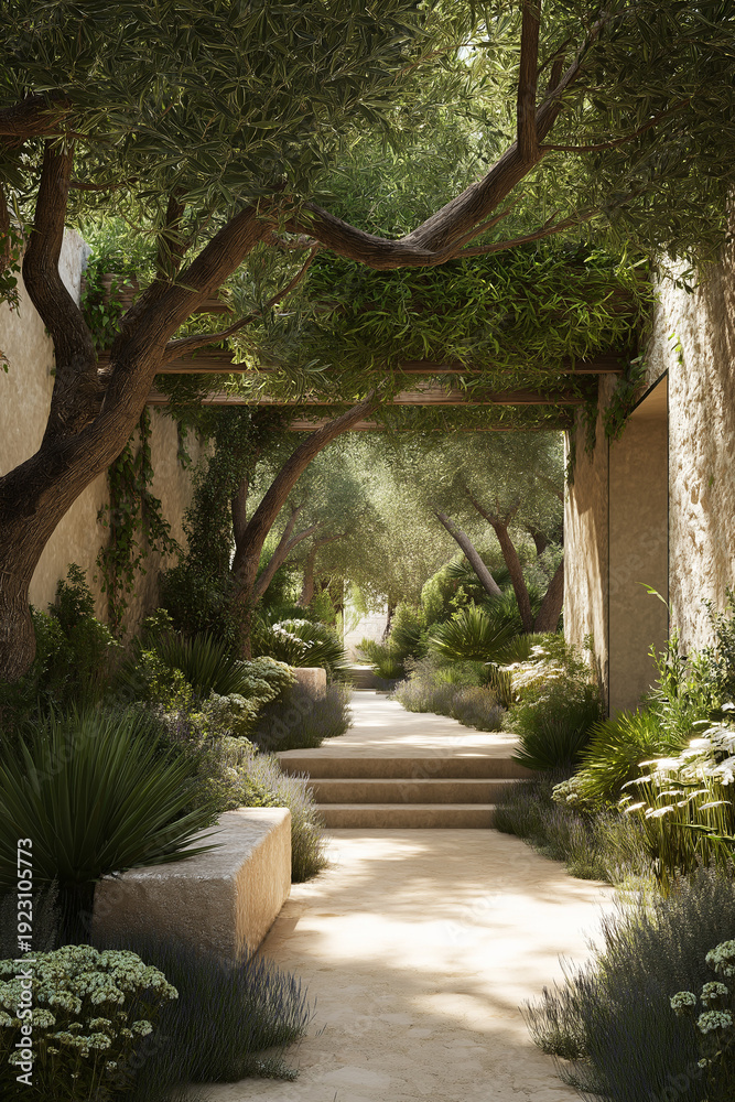 Fototapeta premium Tranquil Mediterranean Garden Corridor With Olive Trees, Stone Pathway and Lush Green Archway