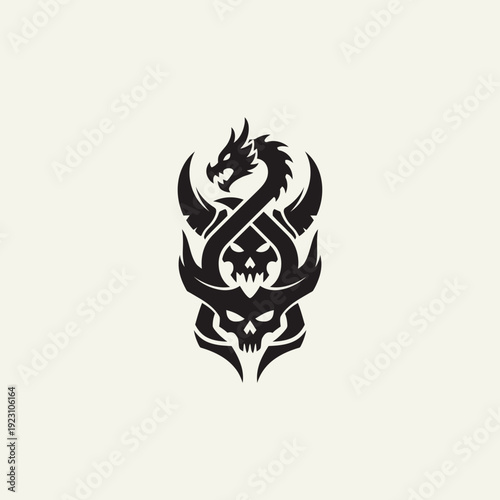Black tribal-style dragon and skull tattoo design on a light background.