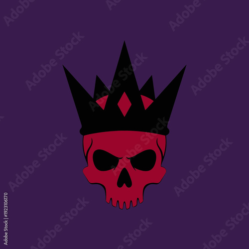 Red skull with a black crown on a purple background.