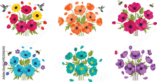 Vibrant watercolor floral arrangements in various colors on white background