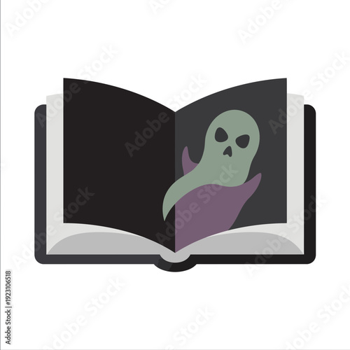 Open book with a ghostly skull illustration on one page.