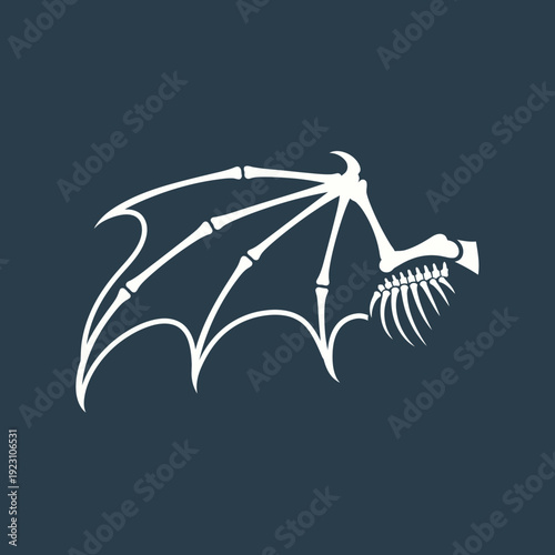 Artistic skeleton of a bat with detailed wing structure on a dark background.