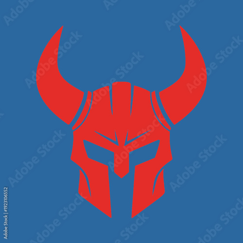 Stylized red and blue robotic helmet with horns on a blue background.