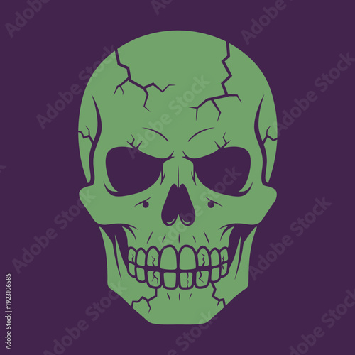 Green cracked skull illustration on dark purple background.