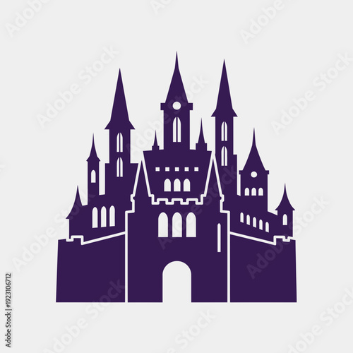 Silhouette of a castle with multiple towers and spires.
