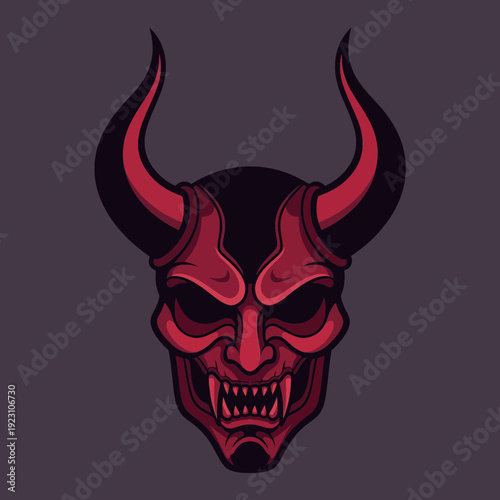 Stylized illustration of a demonic face with horns and sharp teeth.
