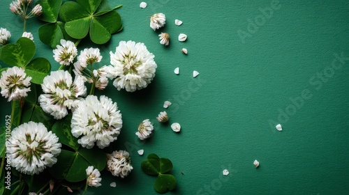 A beautiful arrangement of white flowers and green leaves is displayed on a green background. The flowers are delicate and the leaves are vibrant, creating a serene and calming atmosphere