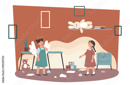 Angel and devil child. Two girls with horns and wings stand in apartment with things scattered around. Chaos and mess in room. Dark and bright sides. Flat vector illustration