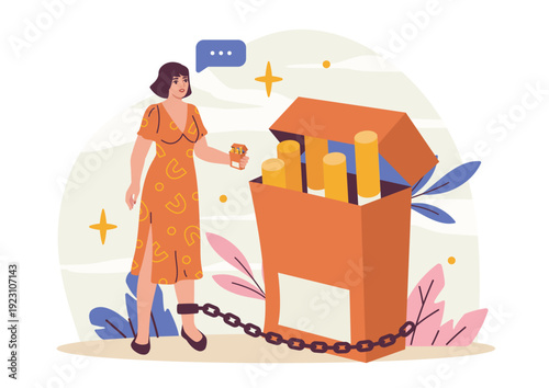 Cigarette addiction concept. Woman near huge pack of cigarettes. Nicotine and tobacco product. Mental and psychological problems. Girl with bad habits. Flat vector illustration