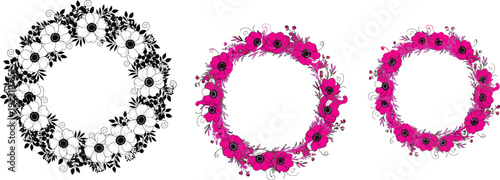 Three decorative floral wreaths in black and pink on white background