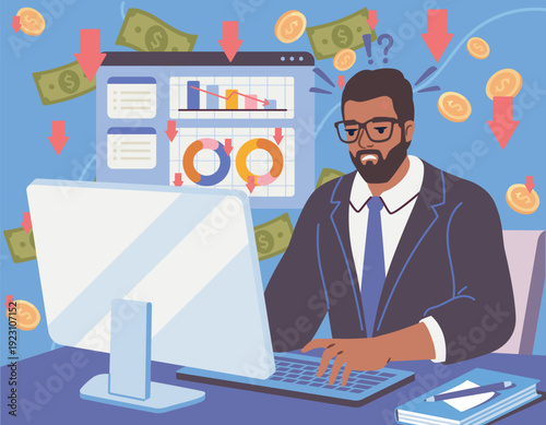 Businessman with bankruptcy. Man sits at computer next to falling charts. Business failures and financial problems. Recession and crisis, inflation. Flat vector illustration