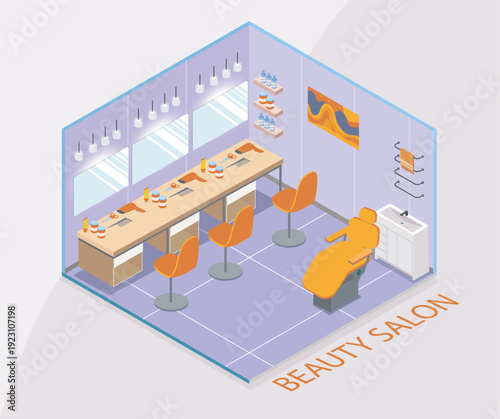 Beauty salon isometric. Modern room interior. Barbers or hairdressers workplace. Beauty procedures. Small business and urban infrastructure. Volumetric vector illustration