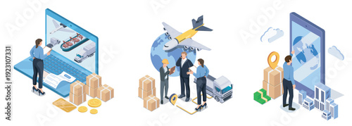 Delivery service isometric set. Men and women plan transportation of goods. Logistics and shipping, delivery. Volumetric vector collection isolated on white background