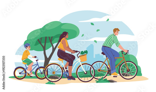 Family on bikes. Man, woman and boy riding bicycles in park. Mother, father and boy spending time together outdoors. People cycling on nature. Flat vector illustration