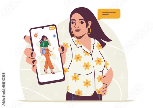 Fashion model online. Woman shows young girl on her smartphone screen. Trendsetter and popular personality on internet. Fashion, trend and style. Flat vector illustration