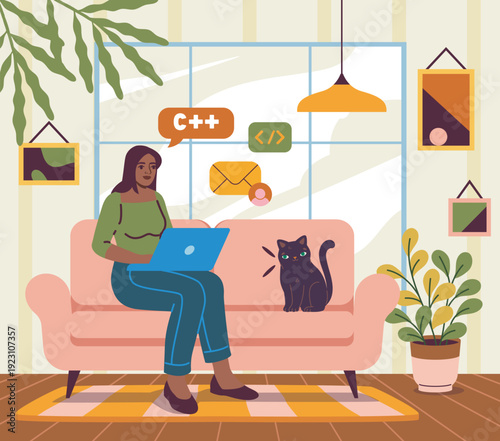 Freelancer working from home. Woman with laptop write code and read email. Freelancer and remote worker on workplace. Girl making money online. Flat vector illustration