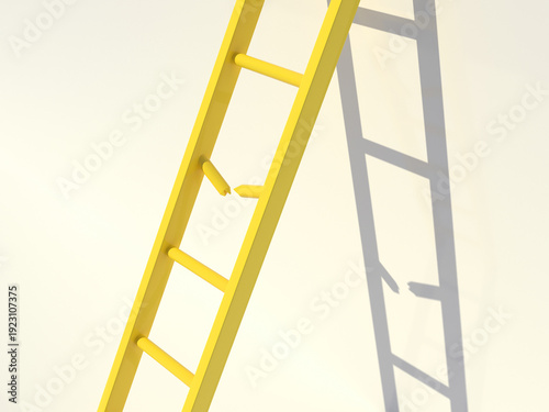 3D illustration of a blue ladder with a broken rung on a light background, concept for business risk, obstacles, and failure in career progress.