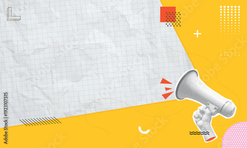 Trendy Halftone Collage Megaphone and torn paper.Social media communication