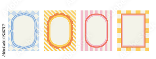 Invitations frames set. Oval yellow, blue and red dividers. Bundle of funky patterns and ornaments. Aesthetics, trend and style. Flat vector collection isolated on white background