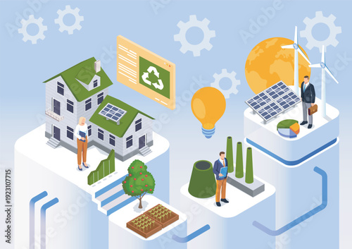 Isometric sustainable business. People near solar panels and windmills. Environmental awareness, alternative energy sources, and responsible business. Volumetric vector illustration