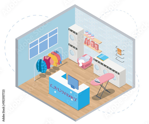 Isometric laundry room. Clothes hangers, iron and ironing board, and reception desk. Cleanliness and hygiene. Laundromat equipment. Volumetric vector illustration