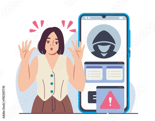 Woman suffer from malware. Young girl near smartphone with hacker in hood. Virus online and danger on Internet. Trojans and malicious software. Flat vector illustration