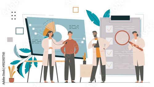 Medical examination. Men and women in medical uniforms examine charts with magnifying glass. Medical scientific research. Doctors and patient. Flat vector illustration