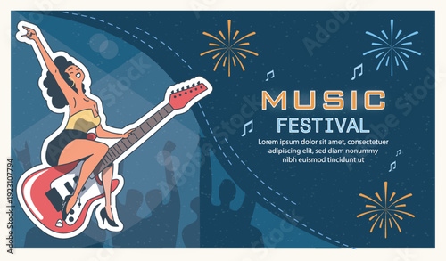 Music festival banner. Woman sitting on electric guitar. Invitation to event and show. Announcement of musical concert. Cover and poster. Flat vector illustration