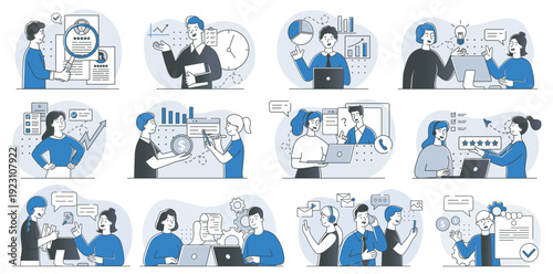 People working scene set. Men and women in office. Colleagues work together. Collaboration and cooperation, partnership. Linear vector collection isolated on white background