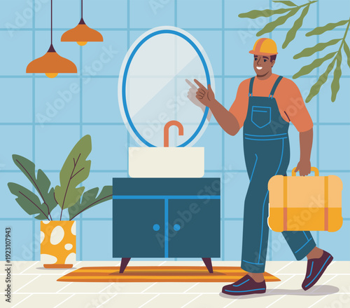 Plumber in bathroom. Man in overalls with suitcase with devices near sink and bathtub. Repair and renovation. Troubleshooting and maintenance. Flat vector illustration