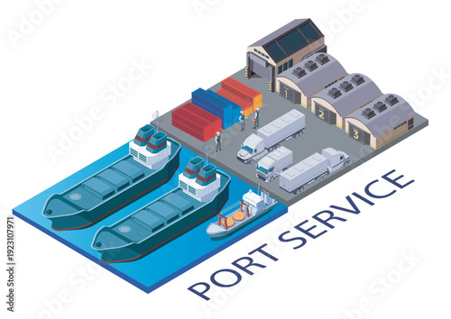 Port service isometric. Marine terminal with ships with cargo, trucks near warehouse. Logistics and shipping, transportation. Nautical transport. Volumetric vector illustration