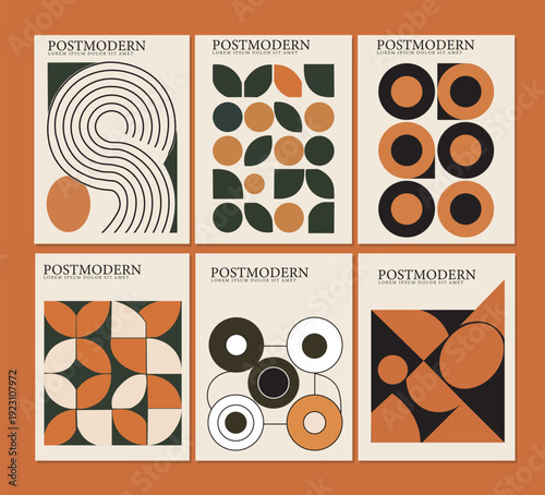 Postmodern posters set. Minimalistic banners or covers in brutalist style. Postmodern and modernism. Abstract compositions. Flat vector collection isolated on red background