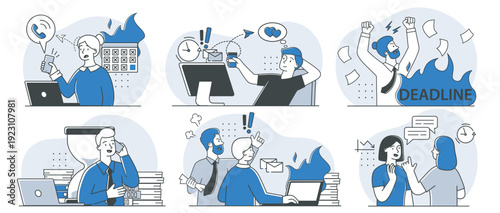 Deadline pressure scenes set. Men and women in office. Bad time management and inefficient workflow. Mental burnout and fatigue. Linear vector collection isolated on white background