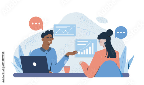 Professional consulting service. Man gives business advice. Consultation and information, brainstorming. Analyst conducts financial audit of company or organization. Flat vector illustration