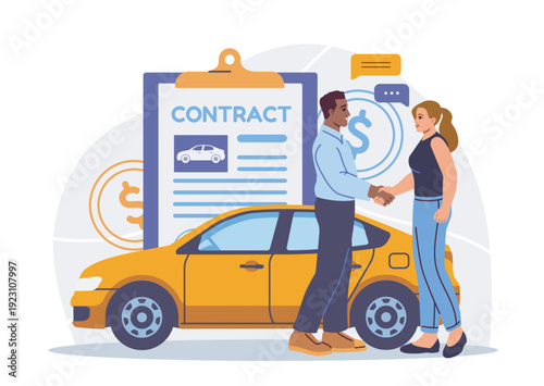 Purchasing car concept. Man and woman shake hands near automobile and contract. Purchase of transport and vehicle. Dealer and buyer make deal. Flat vector illustration