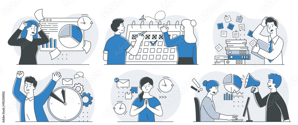 Fototapeta premium Time management scene set. Men and women in office. Planning and scheduling. Deadline pressure and stress. Colleagues and partners. Linear vector collection isolated on white background