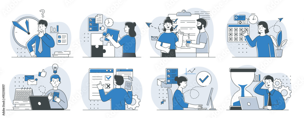 Fototapeta premium Time management scene set. Men and women in office. People with graphs and calendars. Employees close tasks in to do list. Linear vector collection isolated on white background