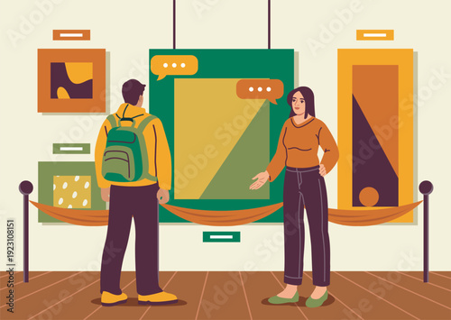 People visiting art gallery. Woman and man near abstract paintings. Visitors to museum or gallery. Cultural recreation and leisure. Tour of exhibition. Flat vector illustration