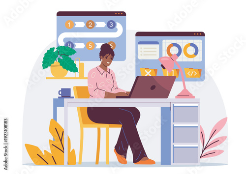 Web development concept. Woman sits at laptop and develops website elements. Programmer and IT specialist writes code. Coding and testing. Flat vector illustration