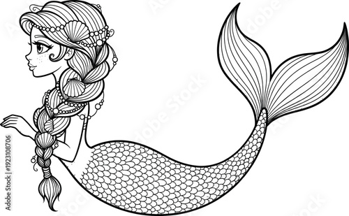 A black and white line drawing of a cute mermaid with a braided hairstyle